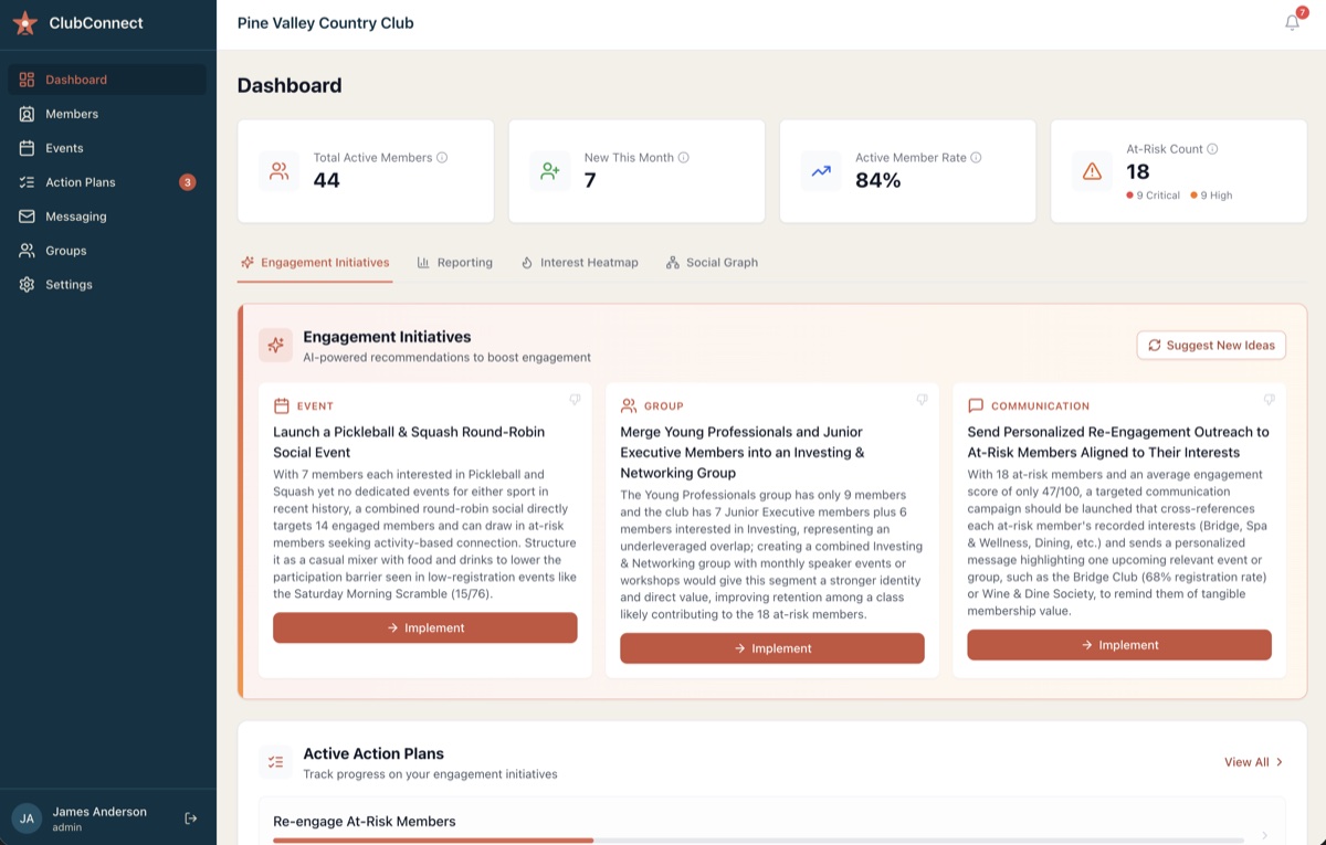 ClubConnect admin dashboard showing AI-generated engagement initiatives