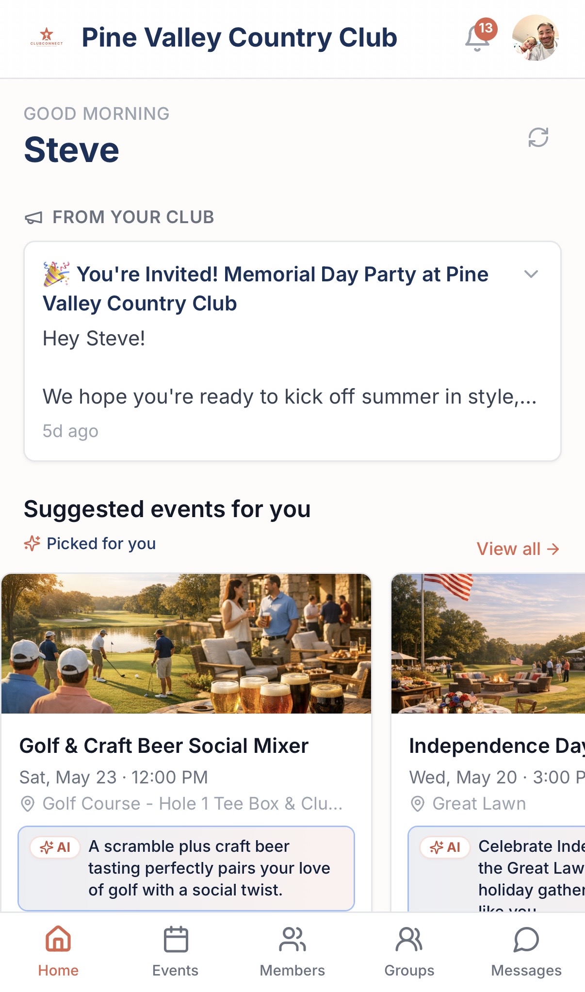 ClubConnect member home screen showing club announcements and AI-suggested events