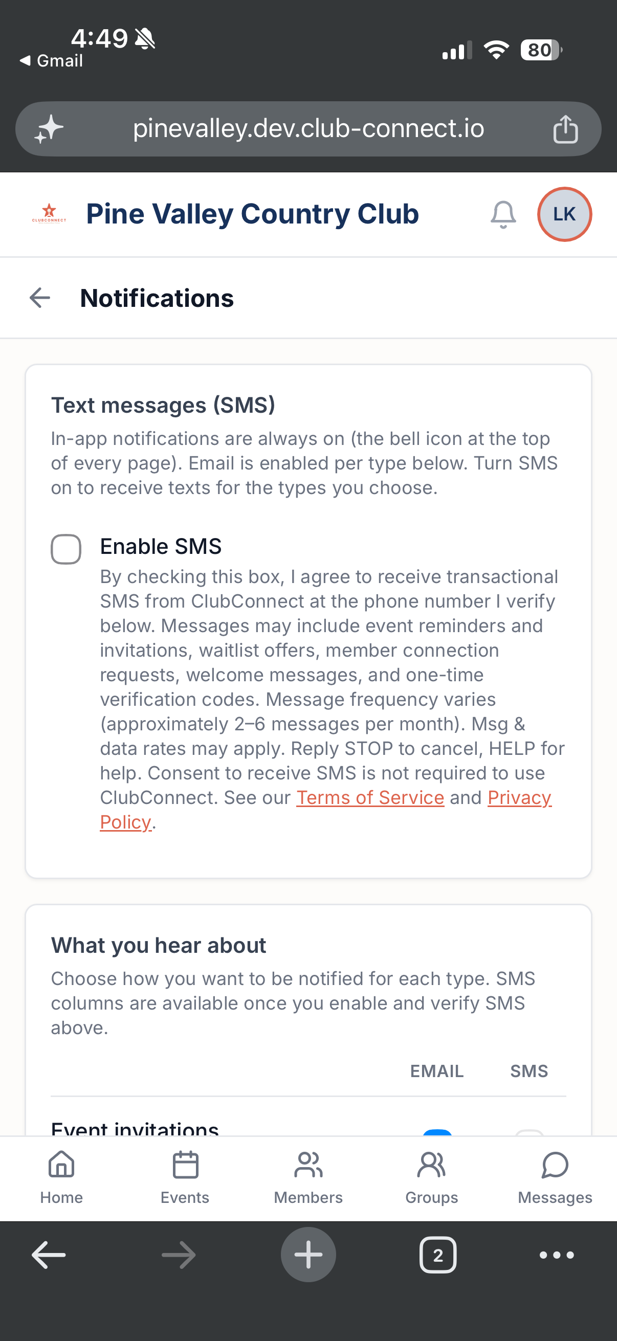 Notifications preferences page with the SMS checkbox unchecked and the disclosure text visible.