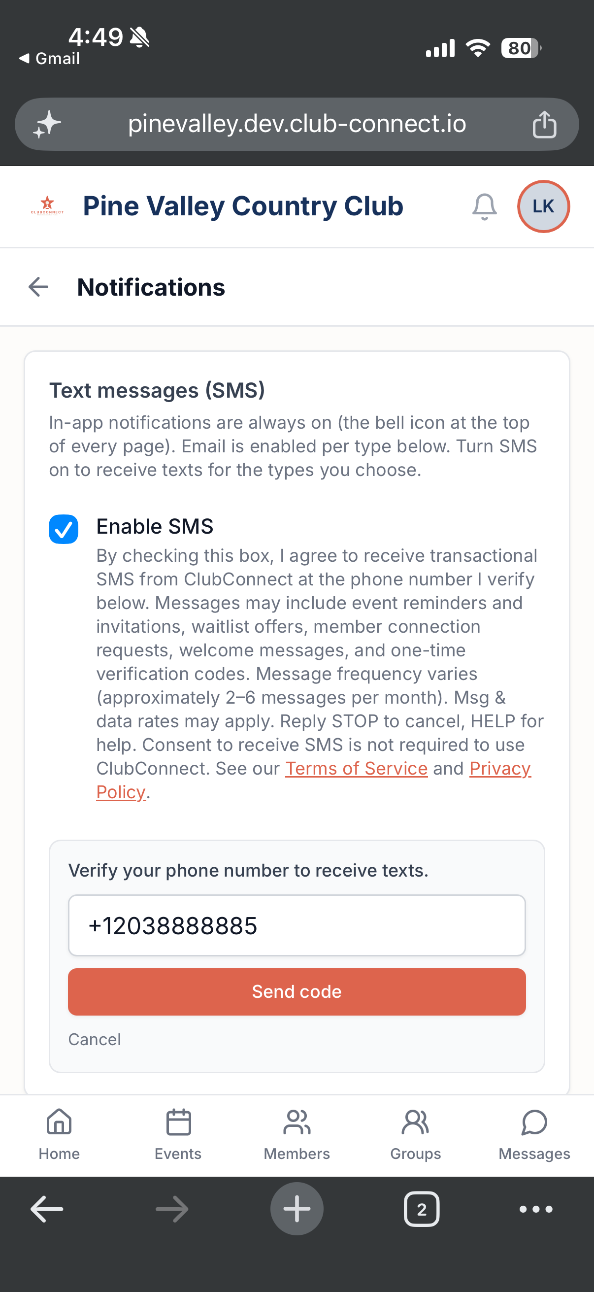 Phone-verification step with the SMS box checked, a phone number entered, and the Send code button enabled.